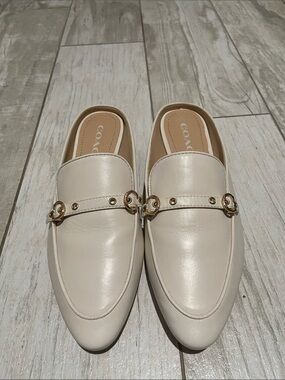 COACH light cream Leather Slip-On Mules with Gold Hardware
